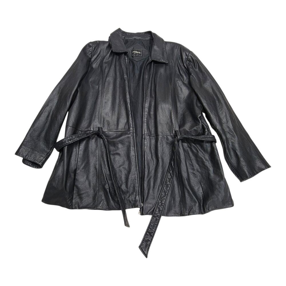 Outbrook Woman Leather Coat Jacket Black Plus Size 3X 24W 26W Belted Tie AS IS